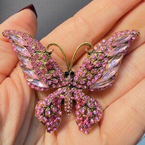 Butterfly Brooch Pink Rhinestone Figural Pin – 2.5” Wide